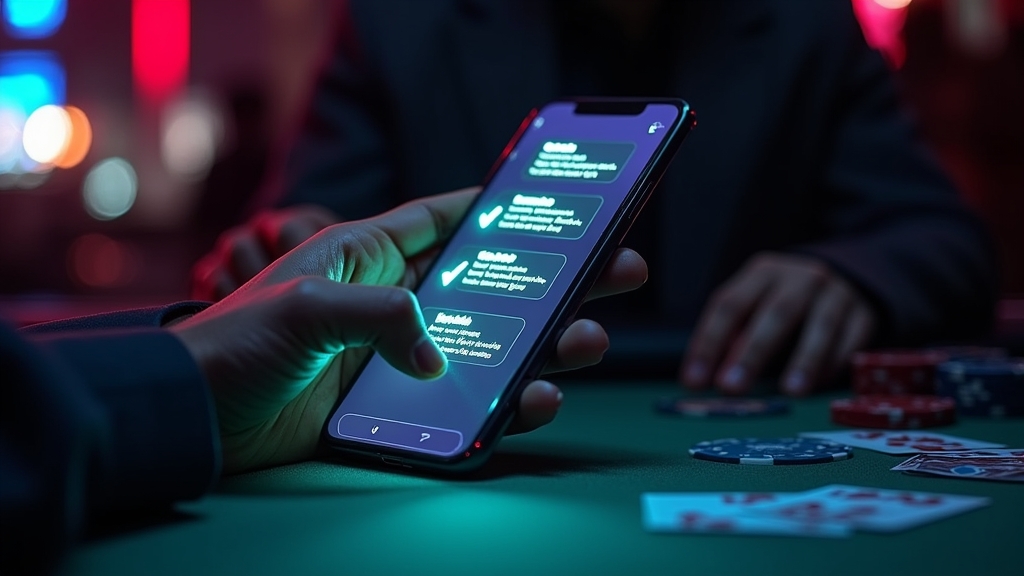 شخص يقارن خيارات Vamoplay App على الهاتف داخل كازينو مظلم