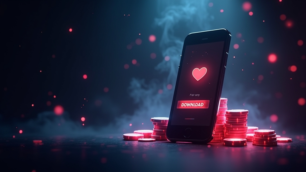 هاتف يعرض تنزيل Vamoplay App وسط أجواء كازينو مظلمة