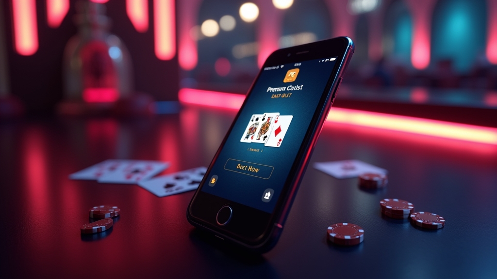 iPhone يعرض واجهة Vamoplay Ios في أجواء كازينو داكنة